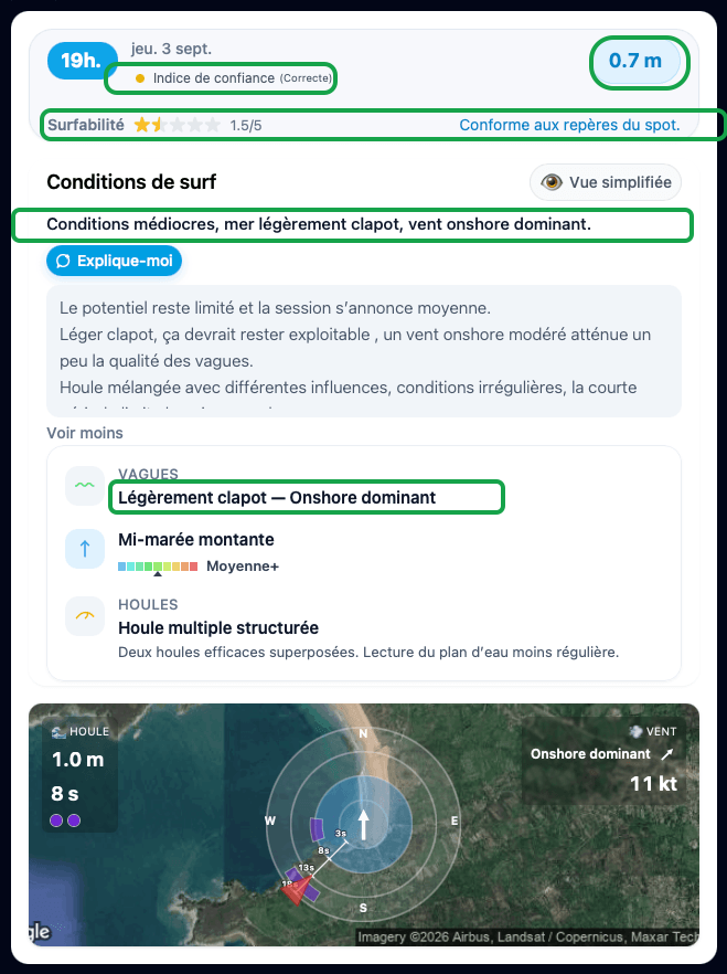 Après correction, en vert ce qui change : 0,7 m, indice de confiance ramené à "Correcte", mer jugée légèrement clapoteuse