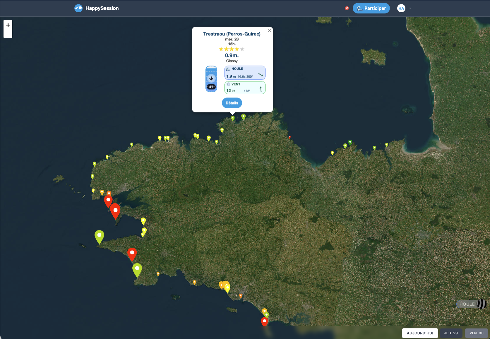 Carte des spots avec qualité de session